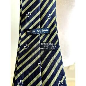 MILA SCHON Silk tie Made in Italy Blue Green Striped Unique Preppy Fox?